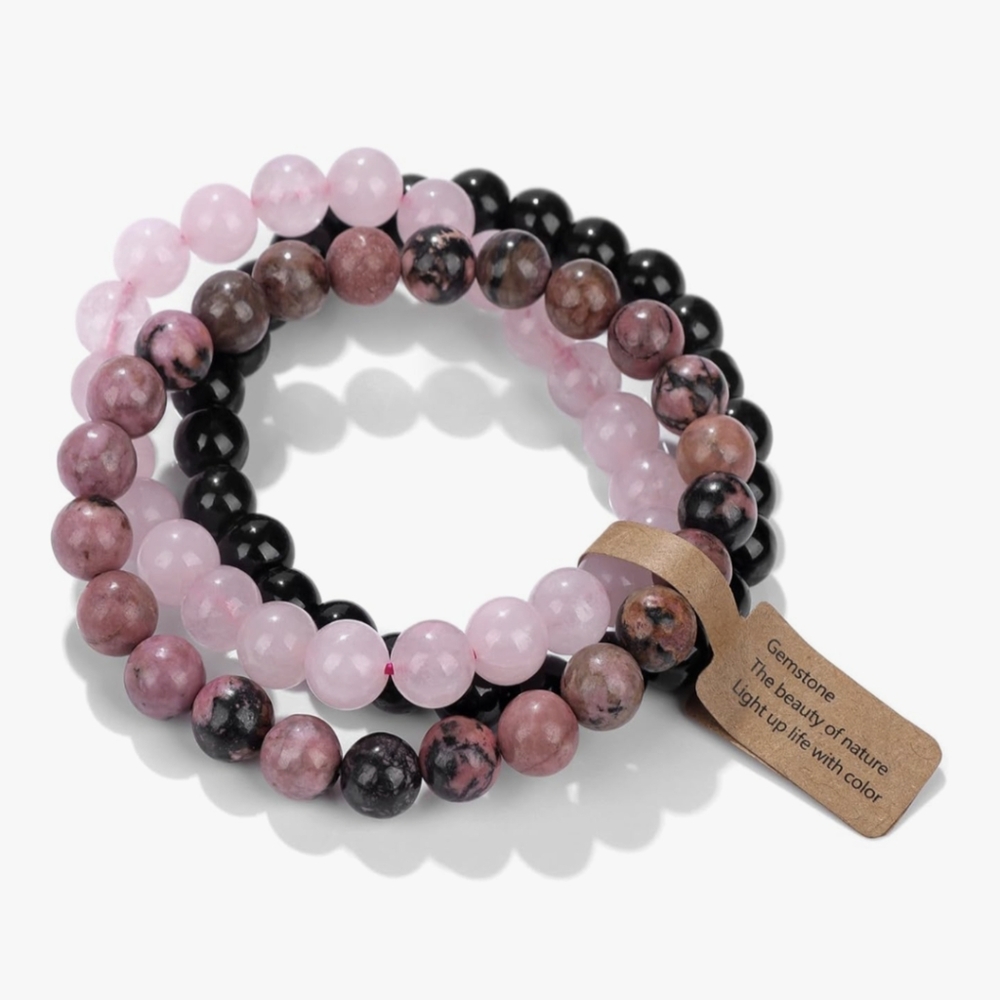 3 Crystal Gemstone Bracelets Handmade  Quartz Rhodonite Onyx Chakra Bracelets